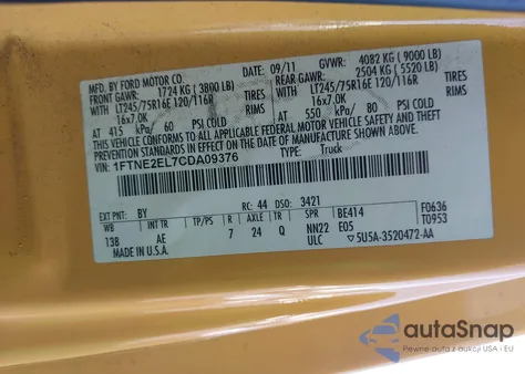 2012 Ford E-250 Commercial z USA, uszkodzony, nr VIN 1FTNE2EL7CDA09376